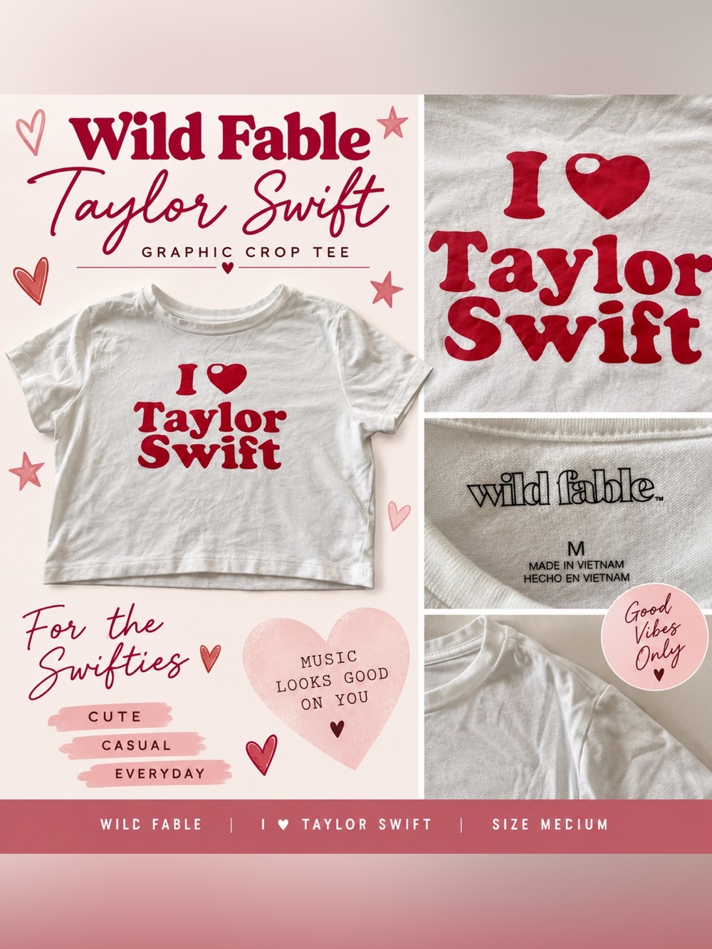 Wild Fable I Love Taylor Swift Crop Graphic Tee White Red Medium